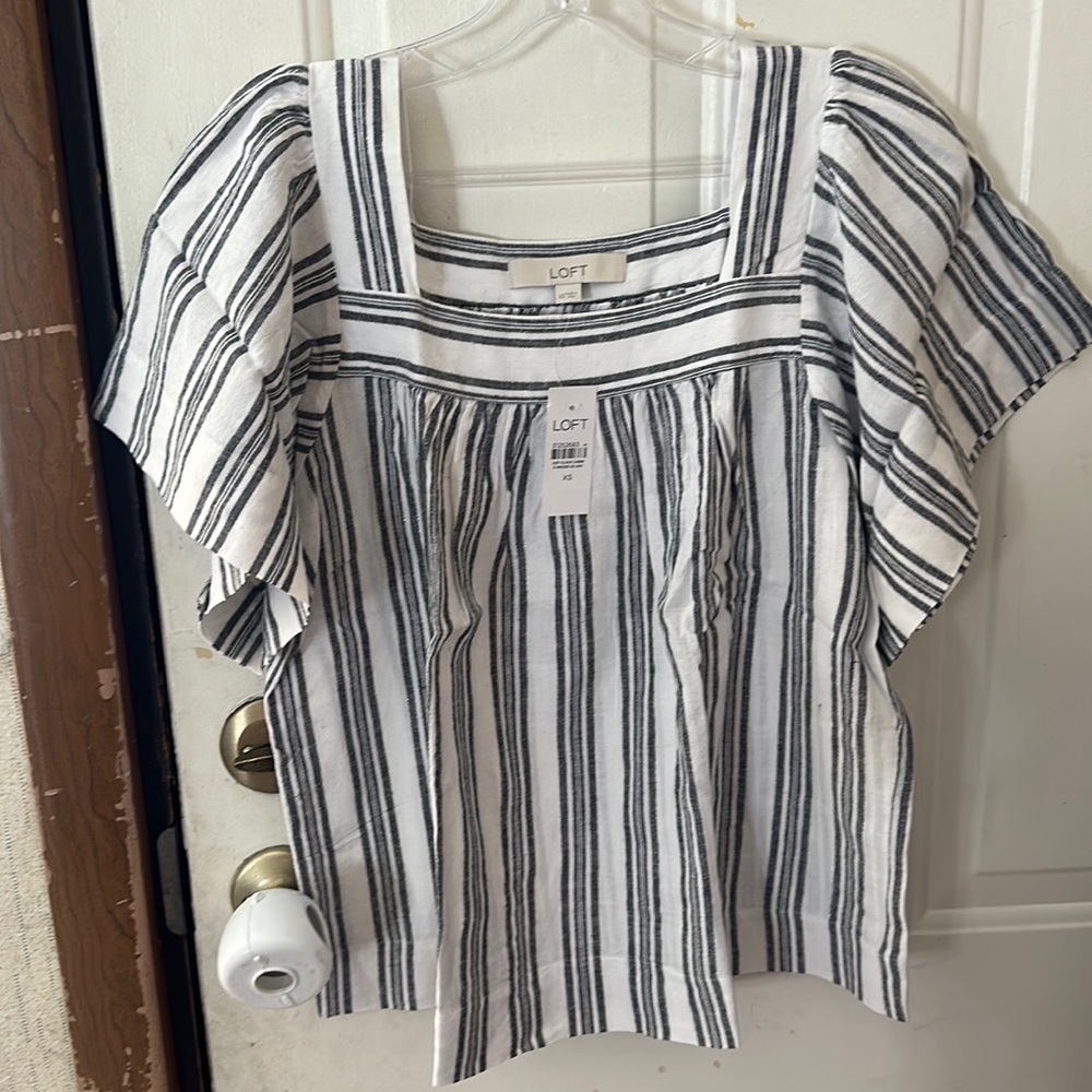 LOFT WOMEN’S SQUARE NECK SHORT SLEEVE TOP: WHITE/BLACK STRIPES: NWT: SZ XS